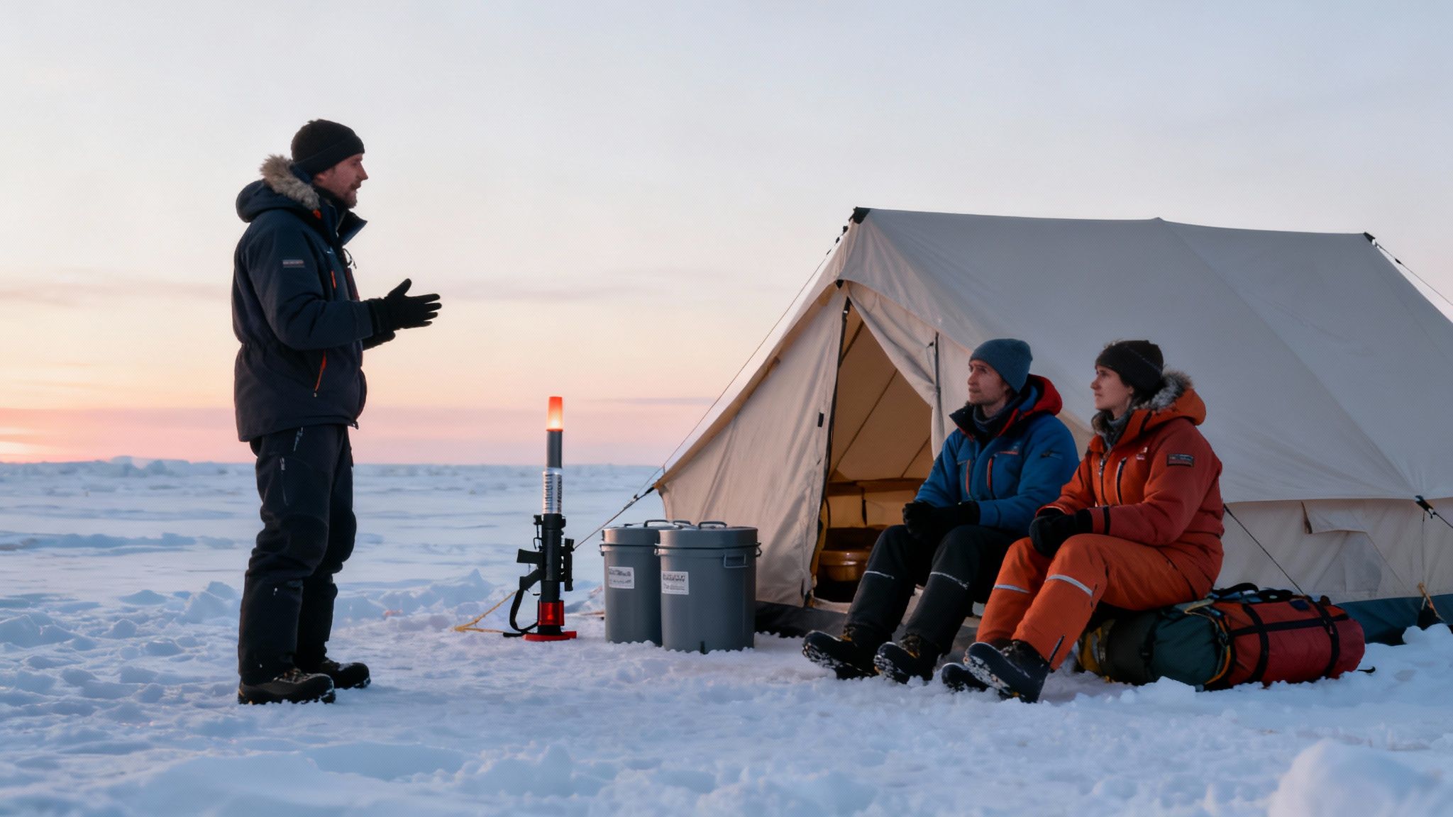 Man speaks to two people seated outside a tent in a snowy, arctic environment. Sunset colors the sky.