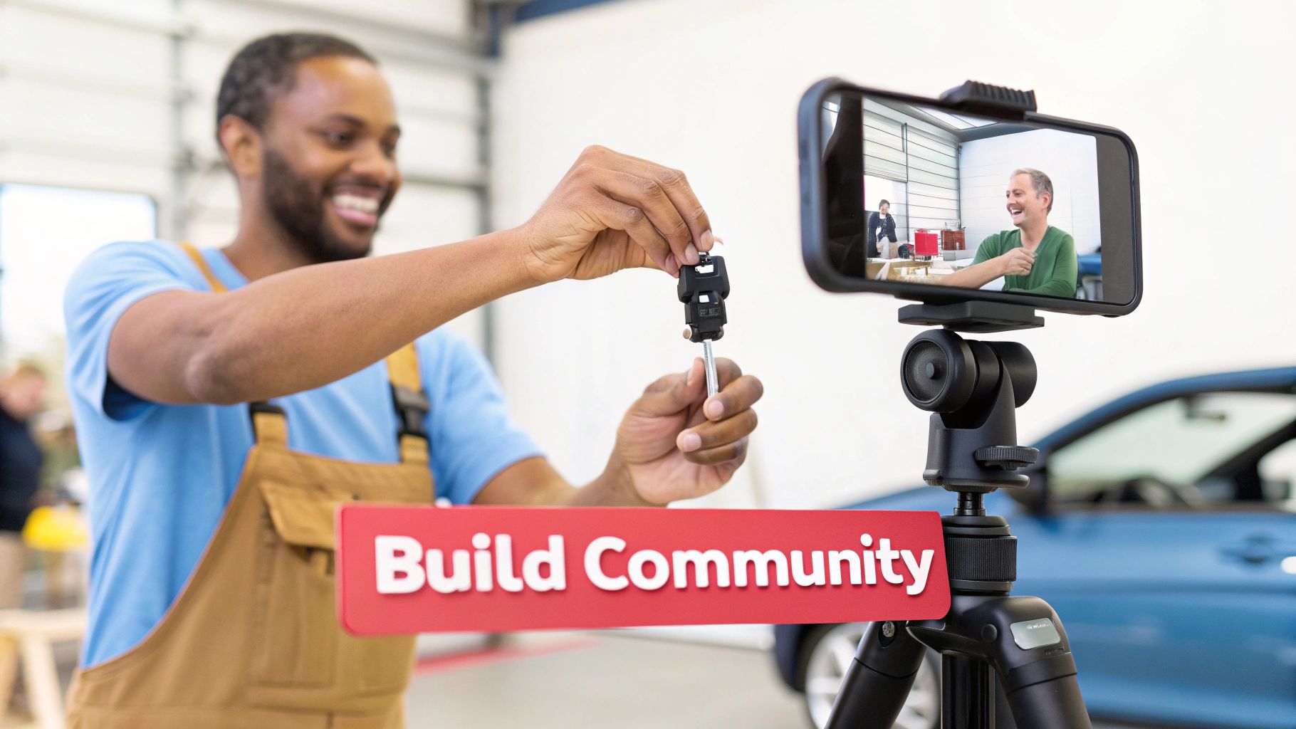 Man holding car key while recording video with 