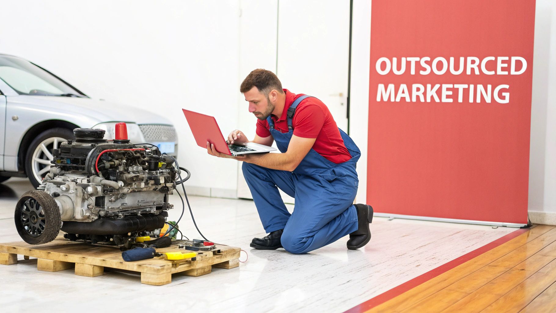Mechanic kneeling, using laptop to work on car engine on a pallet; red 