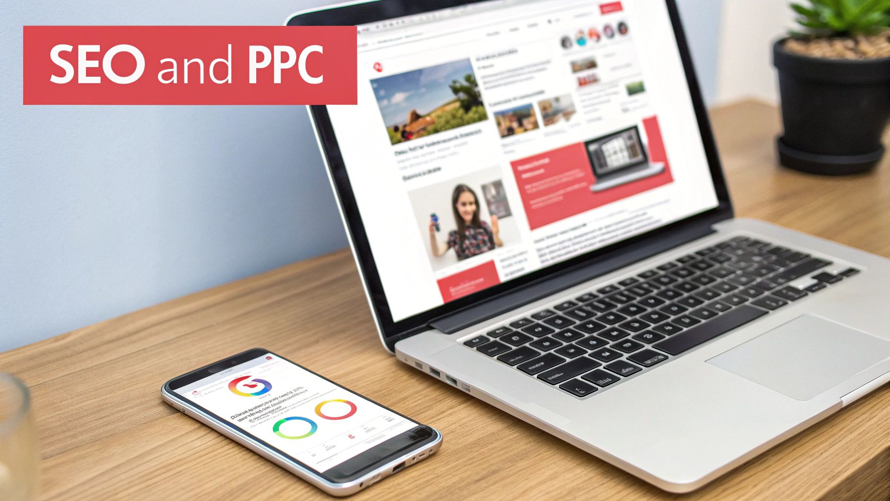 Laptop and phone on desk, SEO and PPC text overlay. Website displayed on laptop screen. Phone displays Google logo.