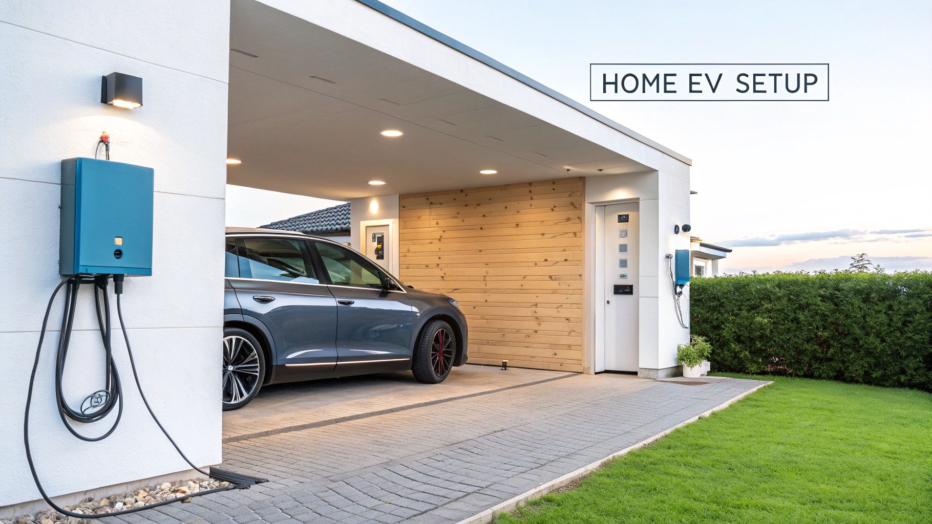 A car in a carport with a charger on the wall
