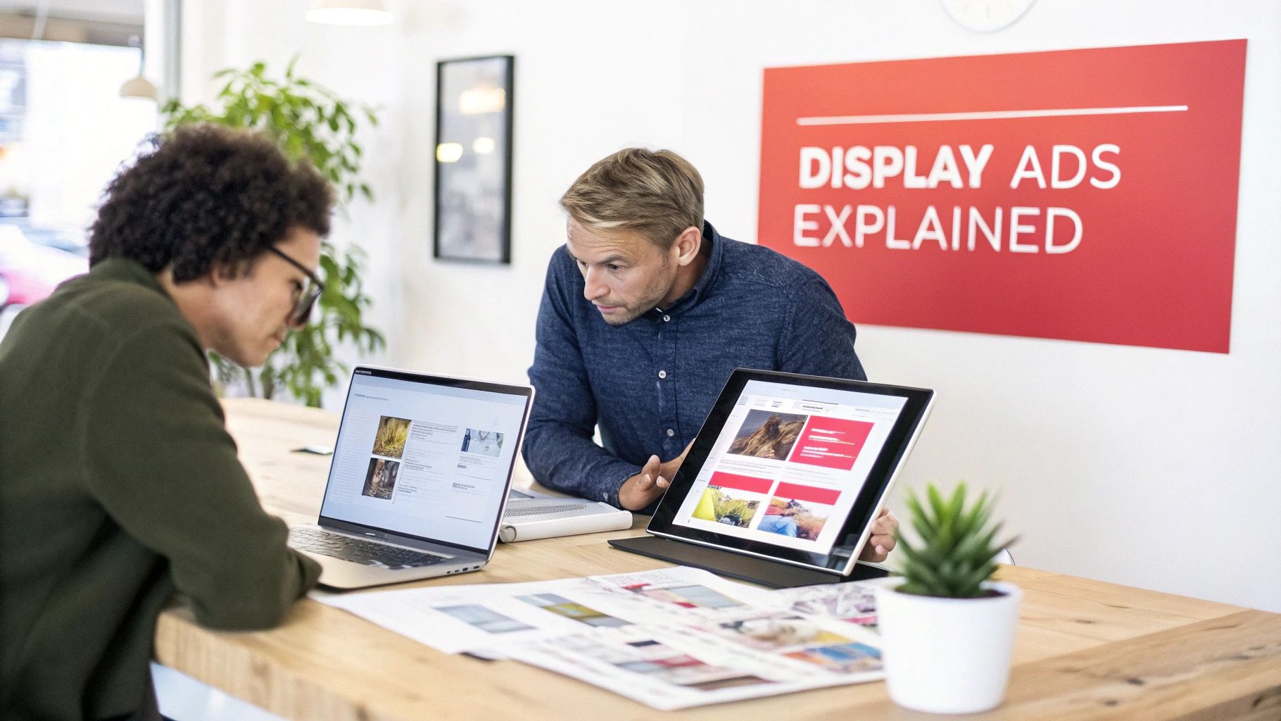 Two people looking at laptops and documents, discussing display ads in a modern office.