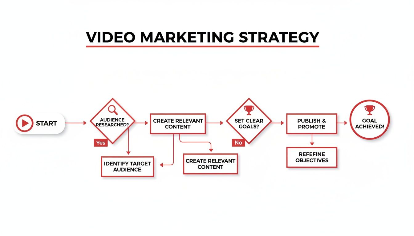 Video marketing strategy flowchart with steps: identify audience, plan content, set goals, release, promote, achieve goals.