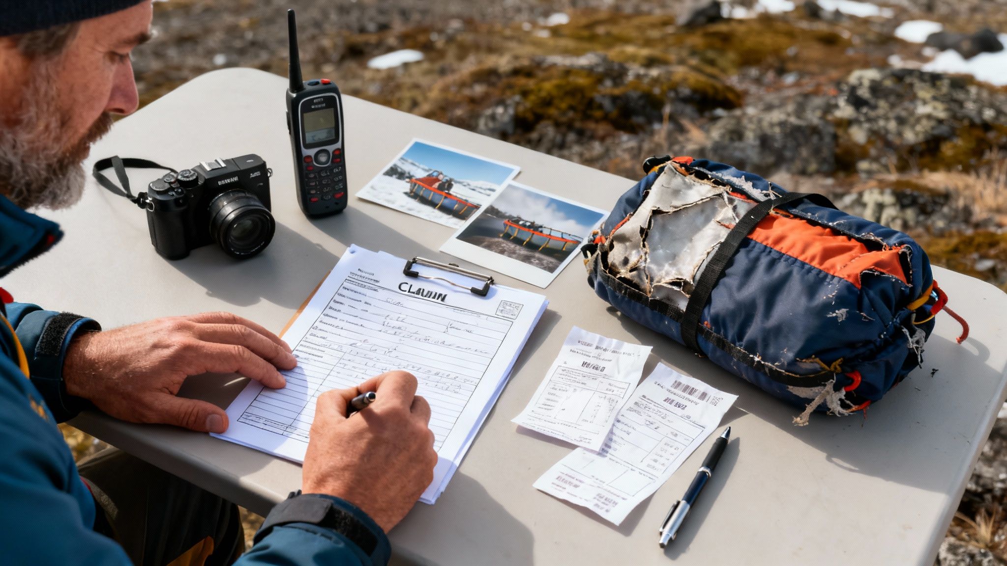 Man writing on a clipboard outdoors, with camera, radio, photos, and a bag on a table in a rocky, natural setting.