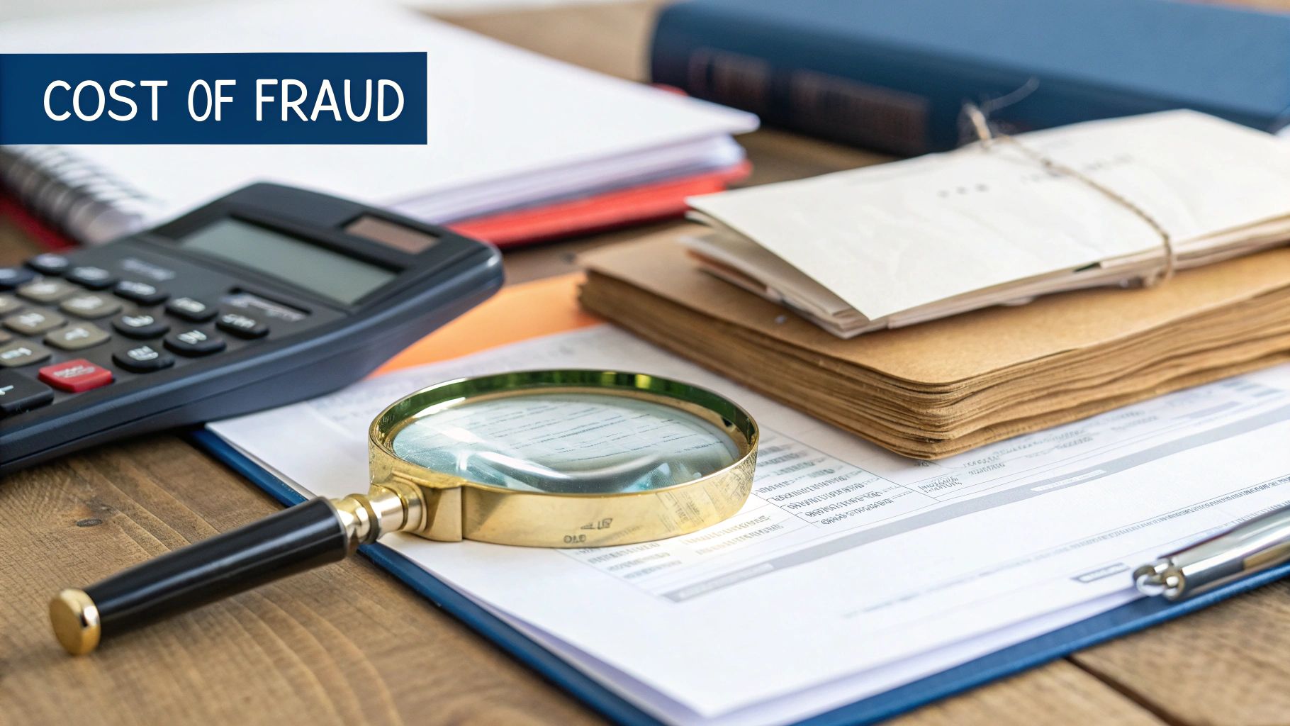 Calculator, magnifying glass, documents, and books on a wooden desk, labeled 