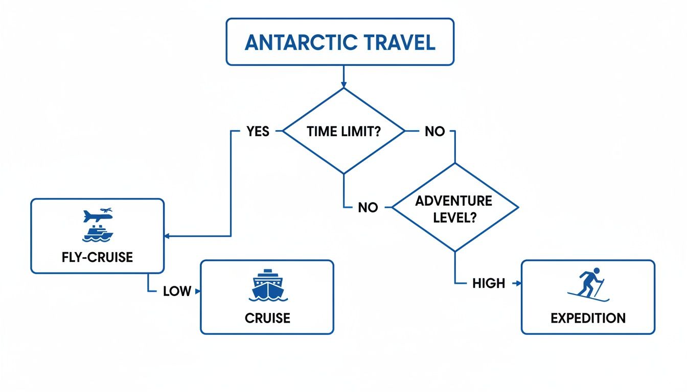 Flowchart for Antarctic travel options, including fly-cruise, cruise, and expedition based on time and adventure level.