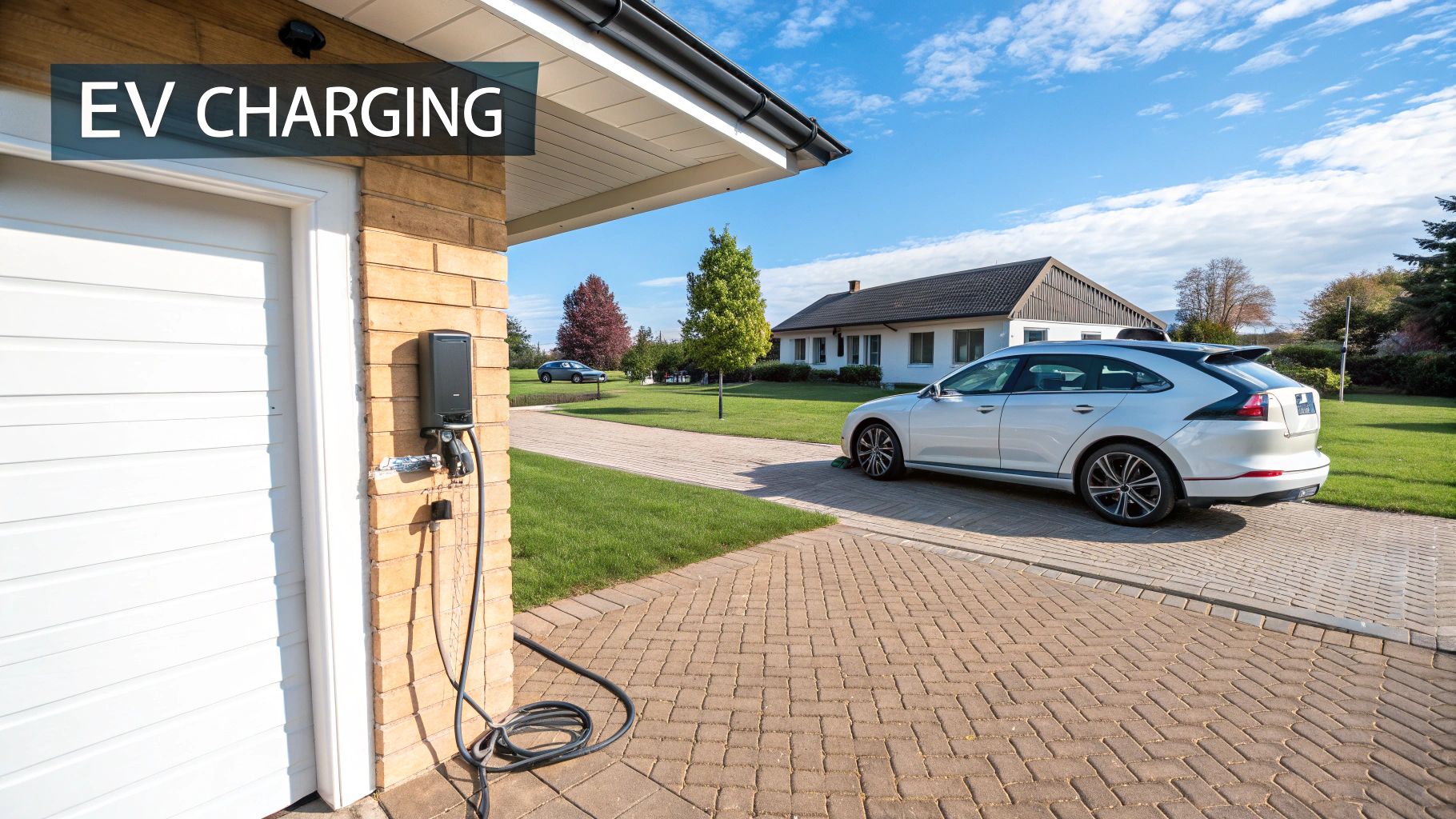 whote car on a driveway with a EV charger on the wall next to a white garage door