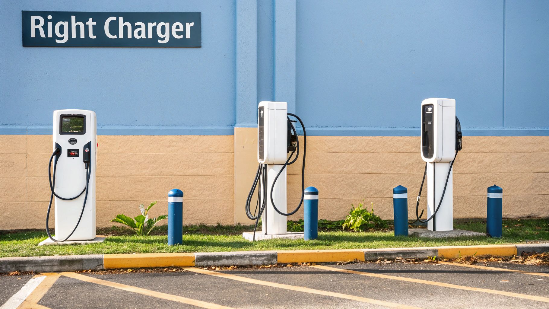 3 ev chargers on a grass verge in a carpark