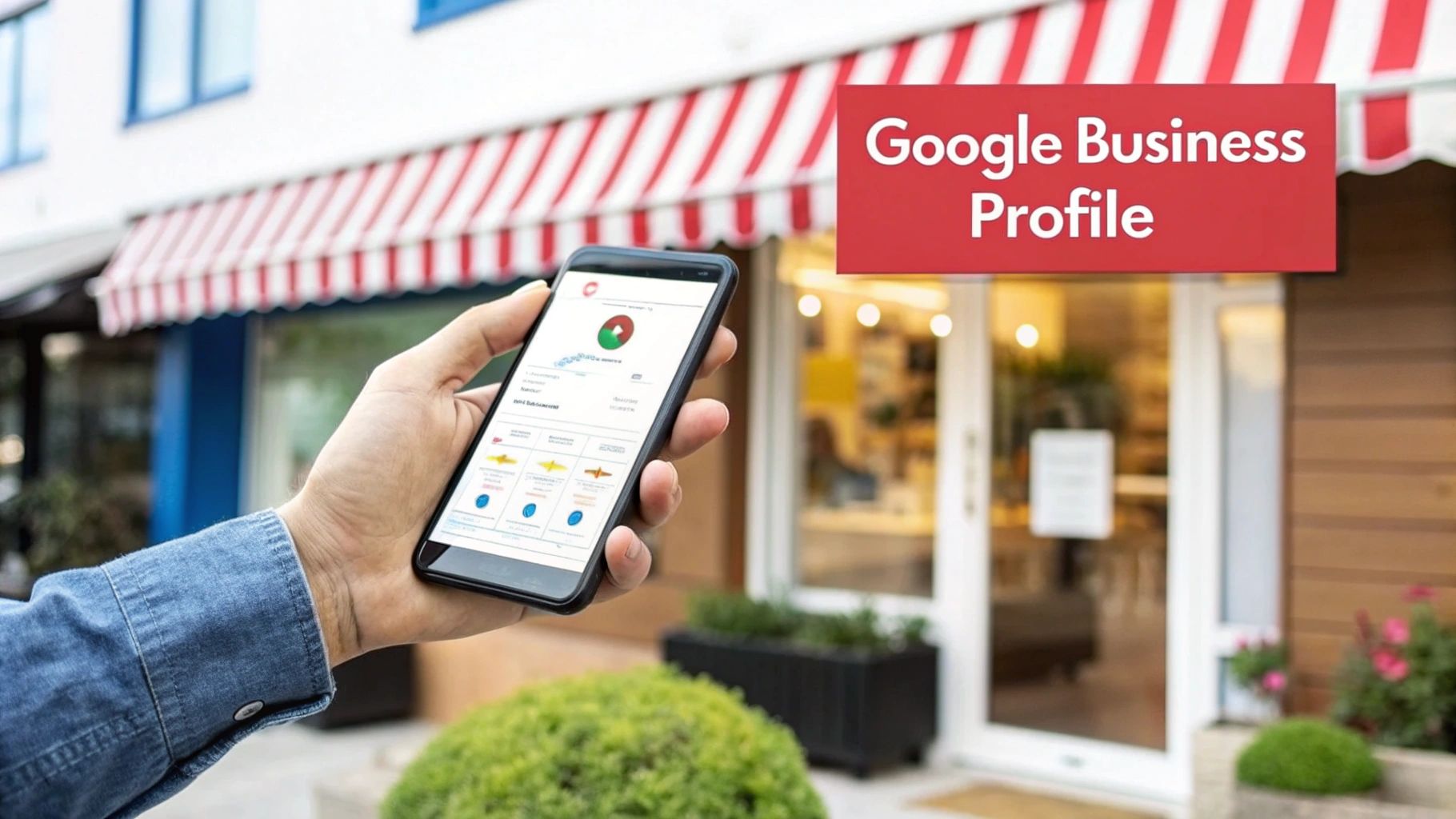 A hand taking a photo of the outside a shop for google my business profile.