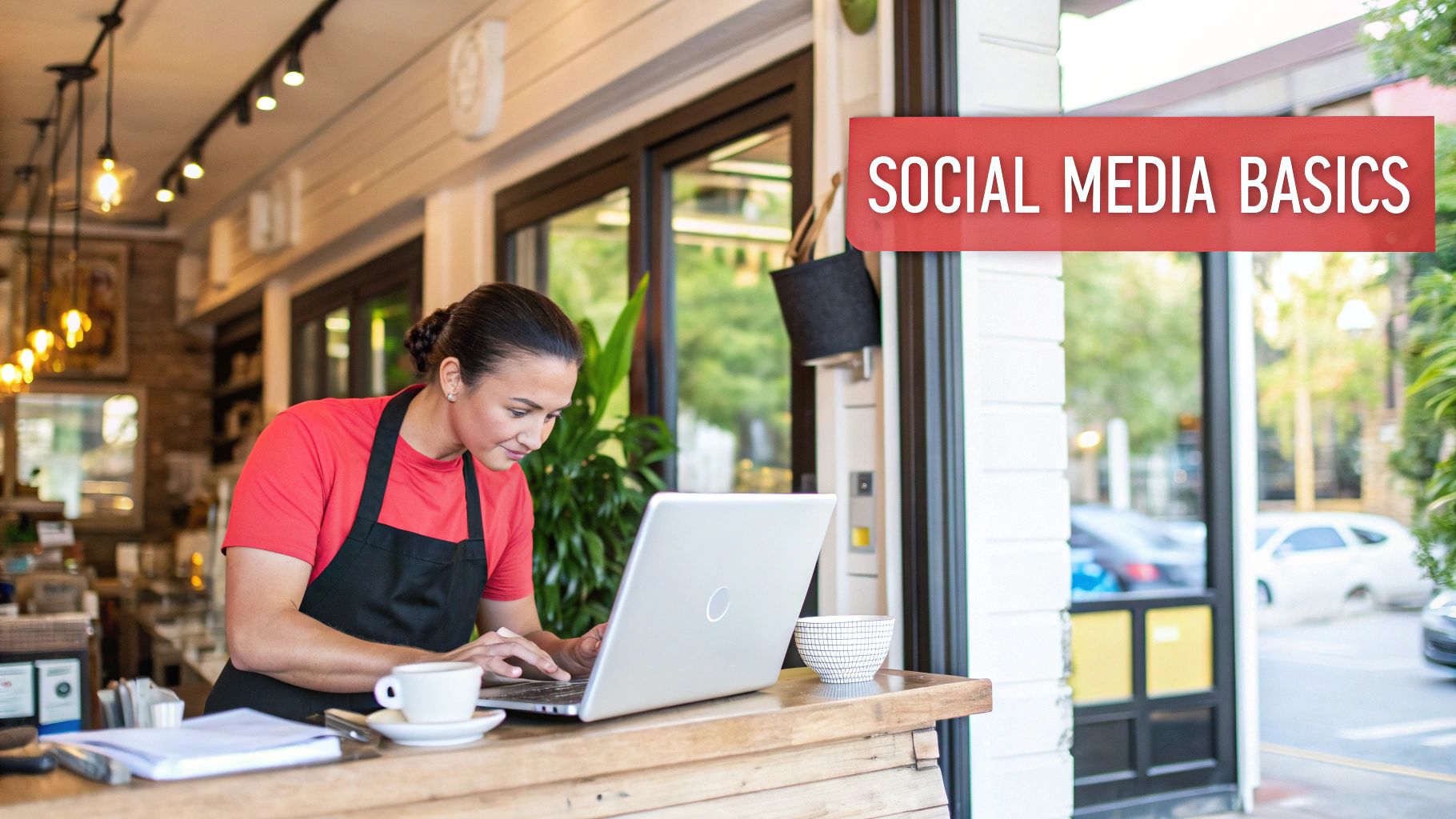 coffee shop owner on her laptop at the counter with social media basics title next to her