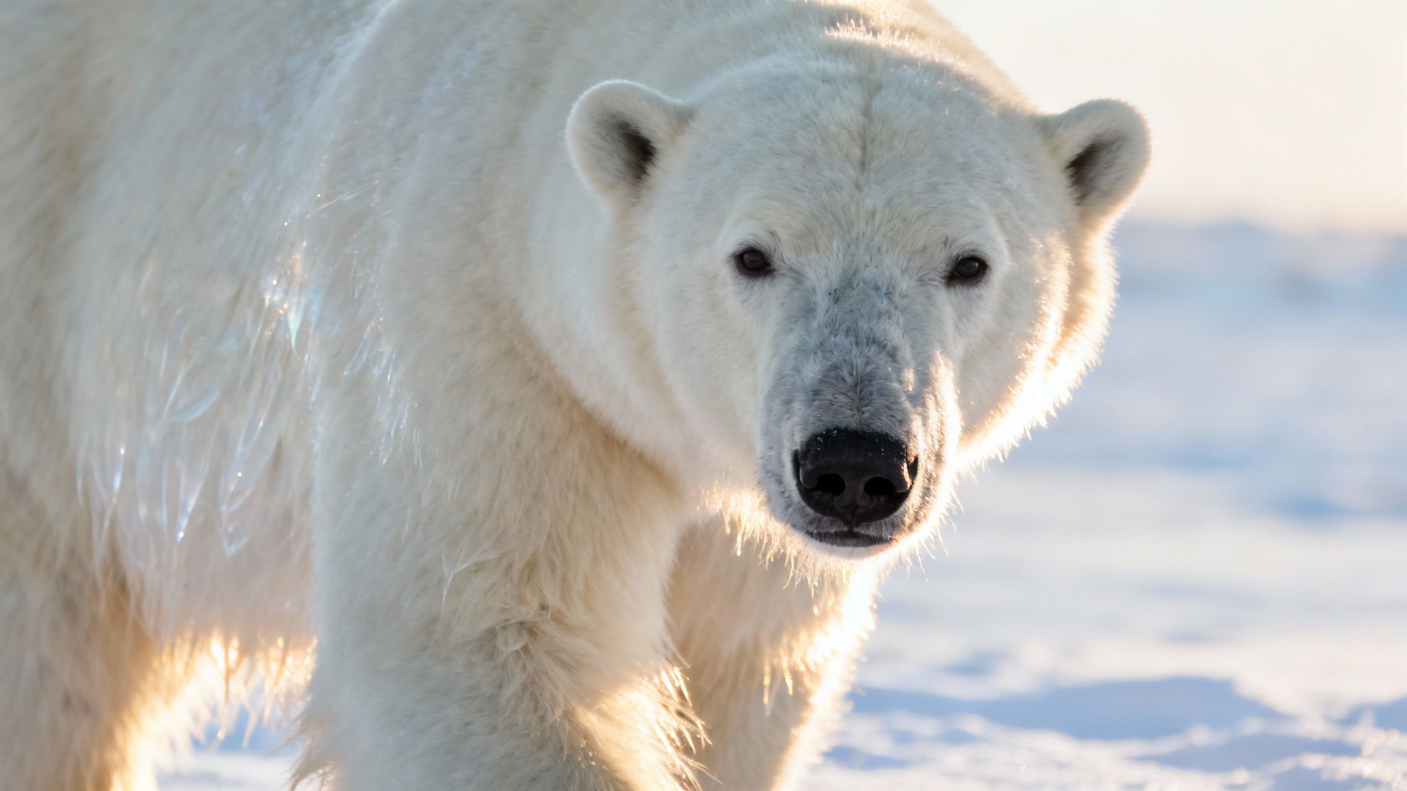 Polar bear walking across snow. White fur, black nose, close-up shot.