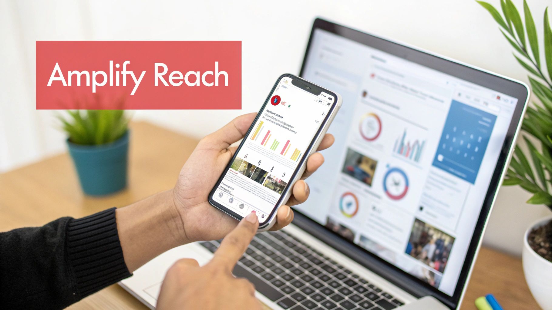 Person holding phone with data charts, laptop displaying charts, Amplify Reach logo.
