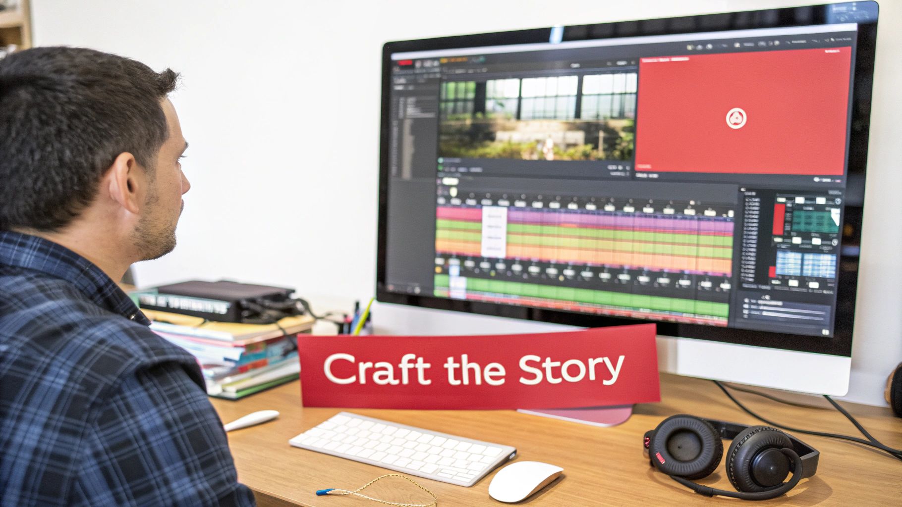 Person editing video on a computer; 