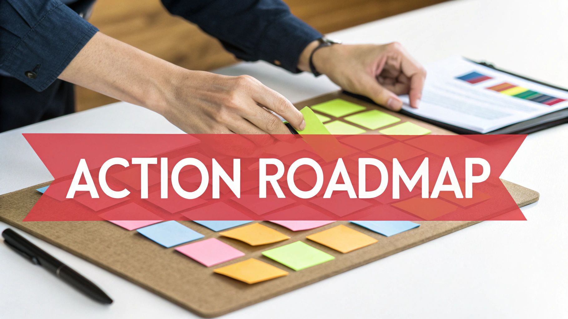 Person arranging sticky notes on a board labeled 