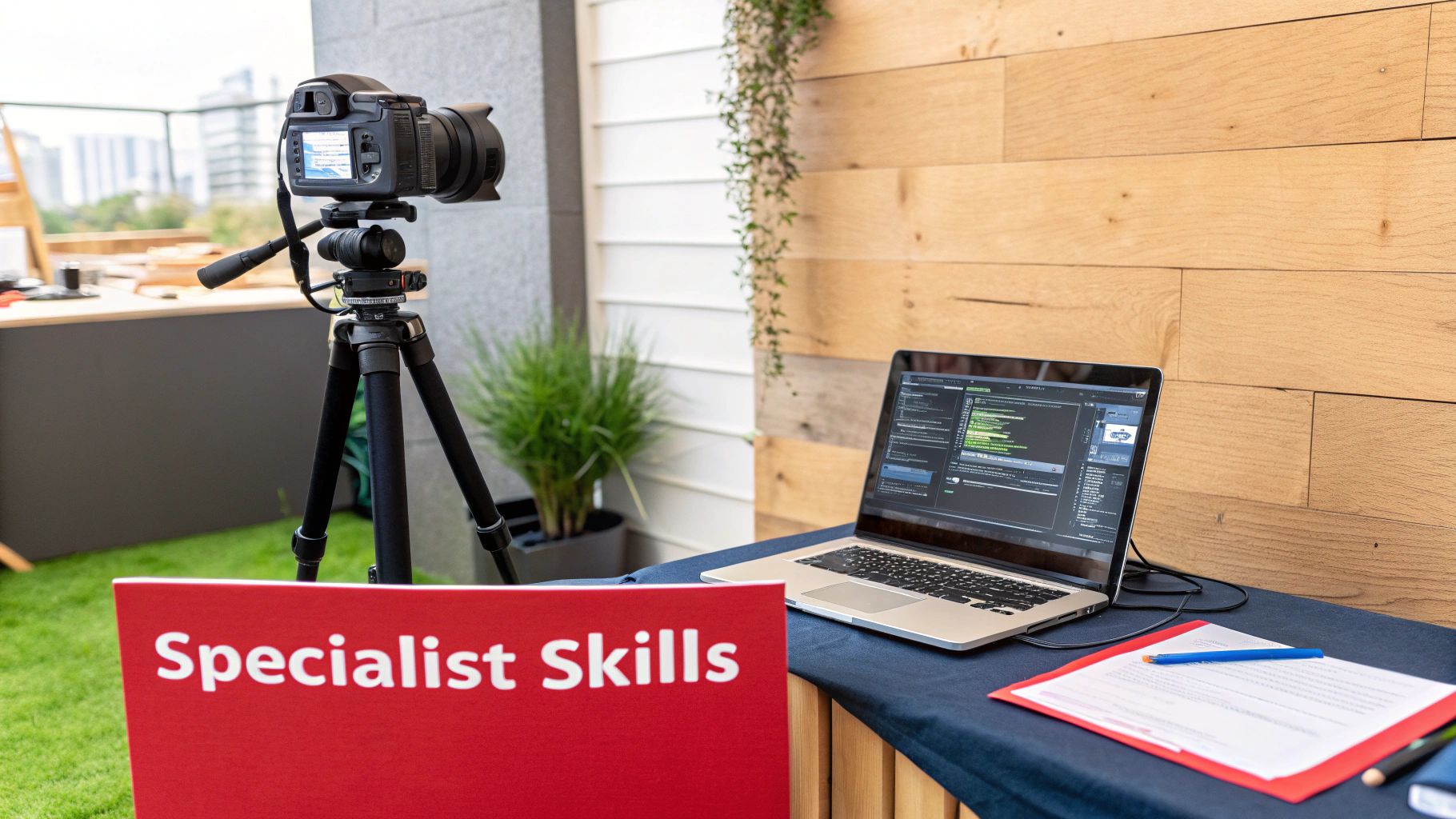 Camera on tripod next to laptop displaying video editing software on a table with 
