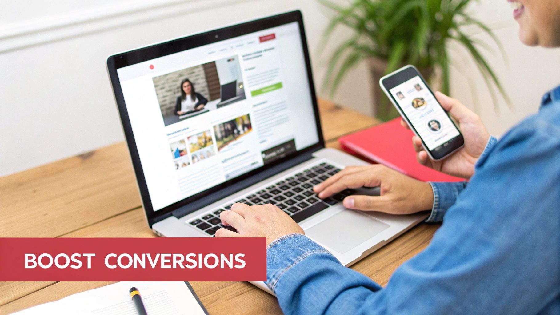 Person using a laptop and phone, desk setup. Text overlay: Boost Conversions.