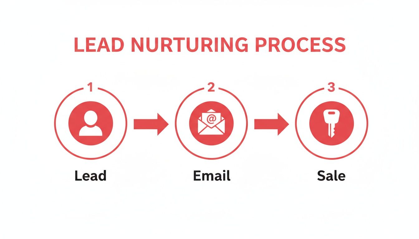 Lead nurturing process: A graphic shows a person transforming into an email, leading to a sale icon.