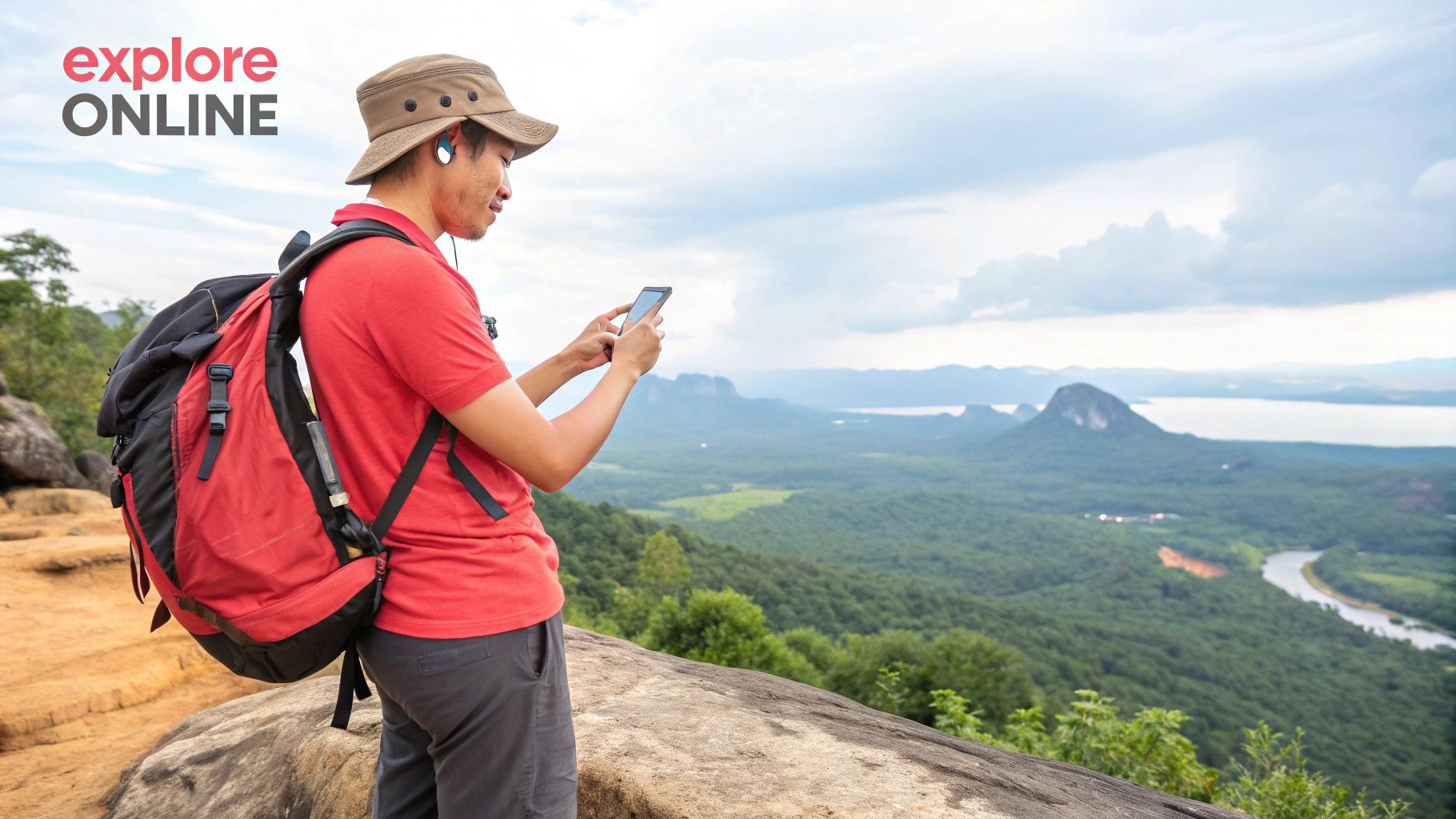 A man at the top of a mountain with a backpack on taking a photo on his phone.