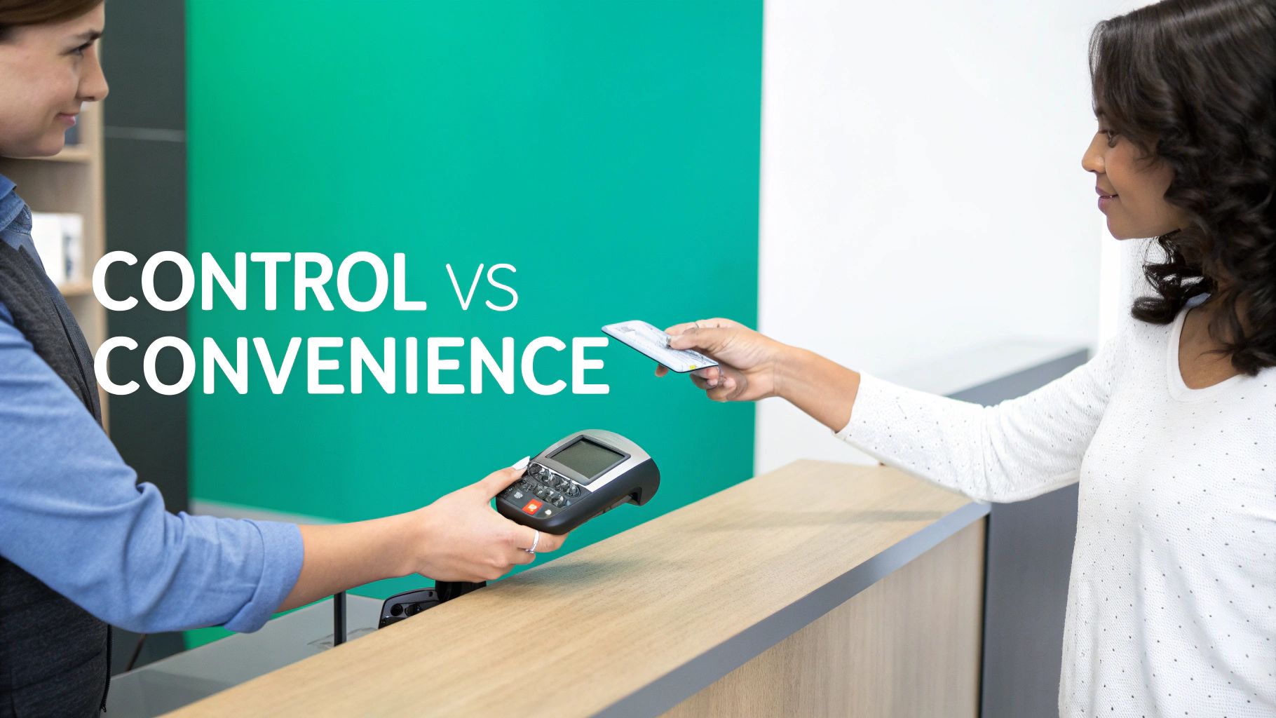 Two women completing a credit card transaction at a counter, with text 'CONTROL VS CONVENIENCE'.