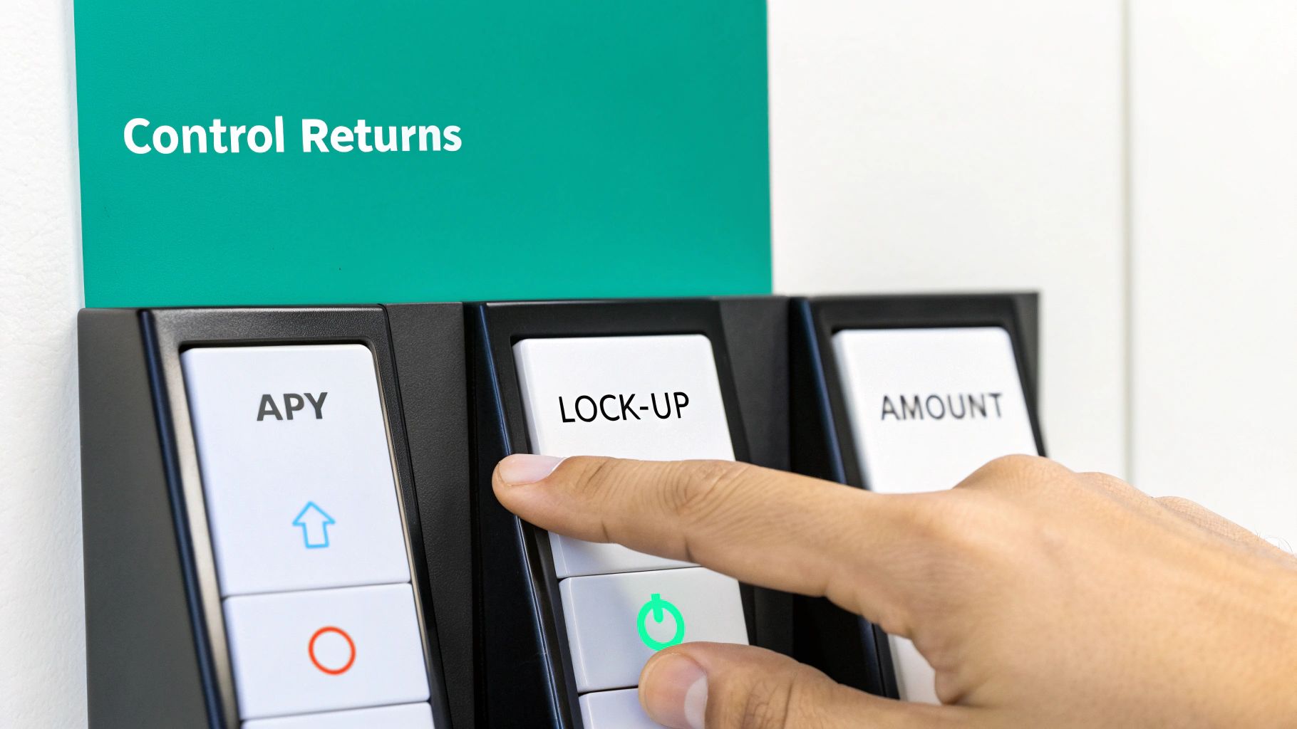 A hand presses the 'LOCK-UP' button on a control panel with 'APY' and 'AMOUNT' options and 'Control Returns' header.