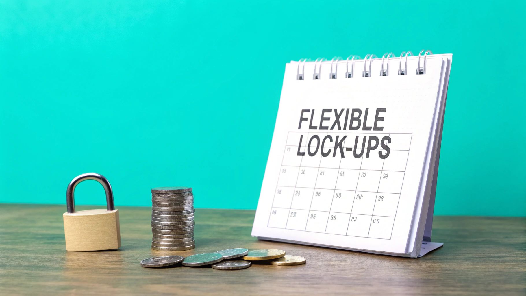 A calendar showing 'FLEXIBLE LOCK-UPS' next to a padlock and stacks of coins, symbolizing financial investments.