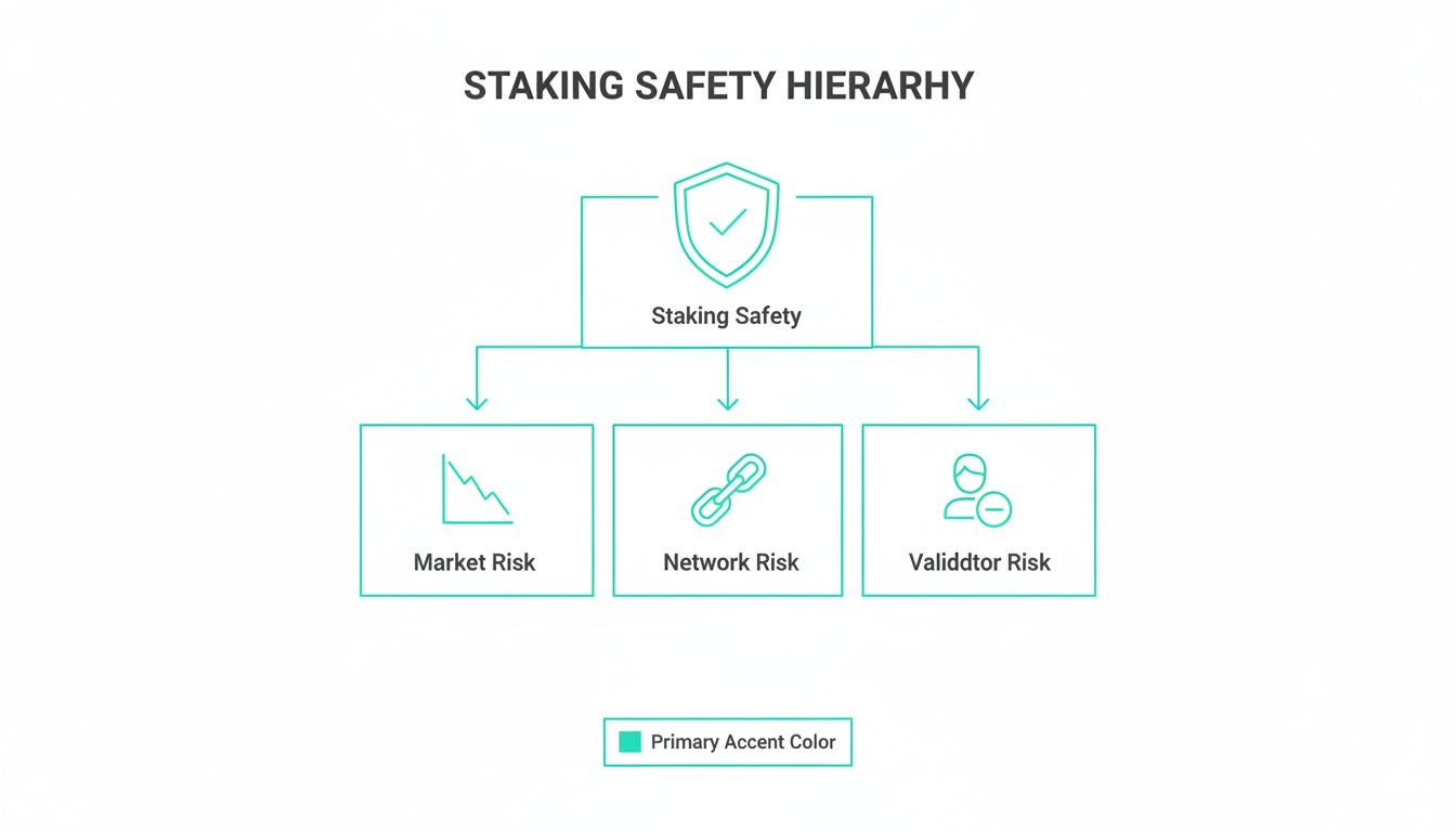 A hierarchical chart illustrating staking safety, dividing it into market, network, and validator risks.