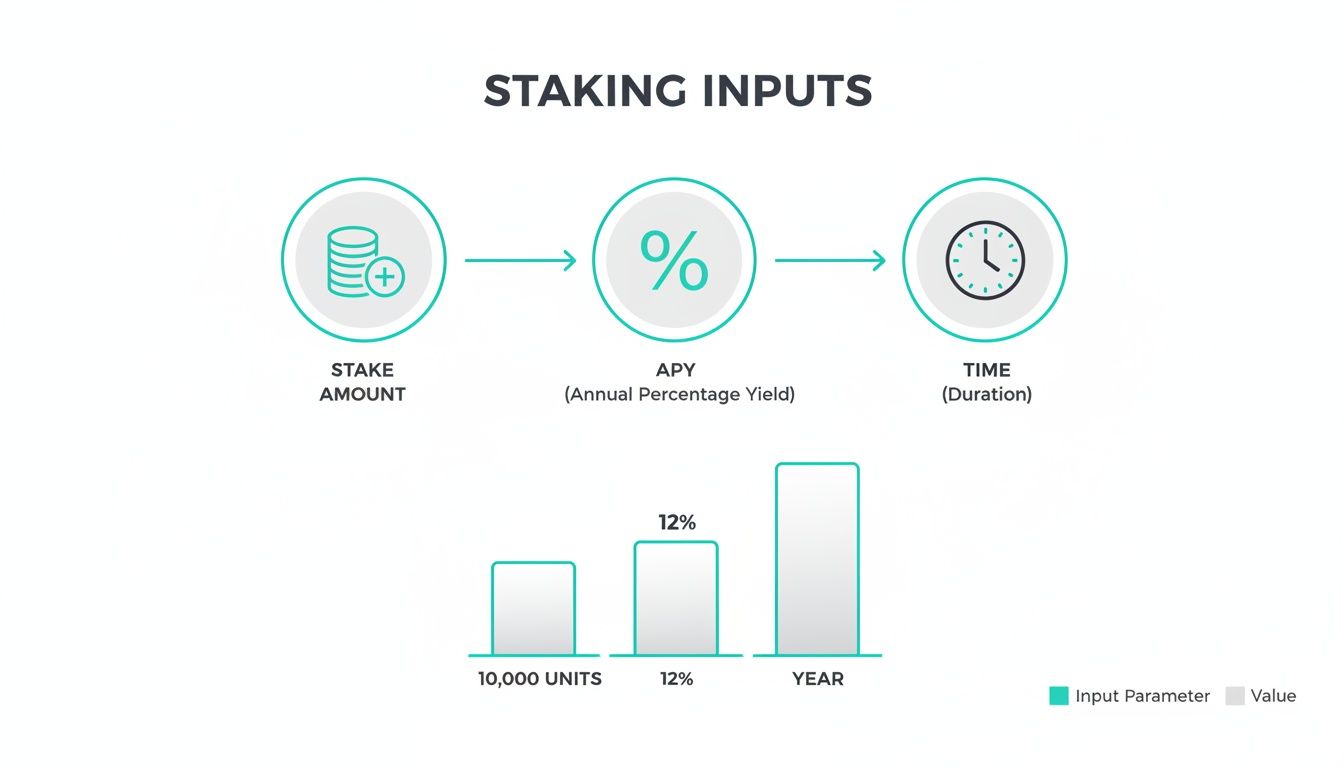 Diagram illustrating crypto staking inputs: stake amount, annual percentage yield, and time duration, with example values.