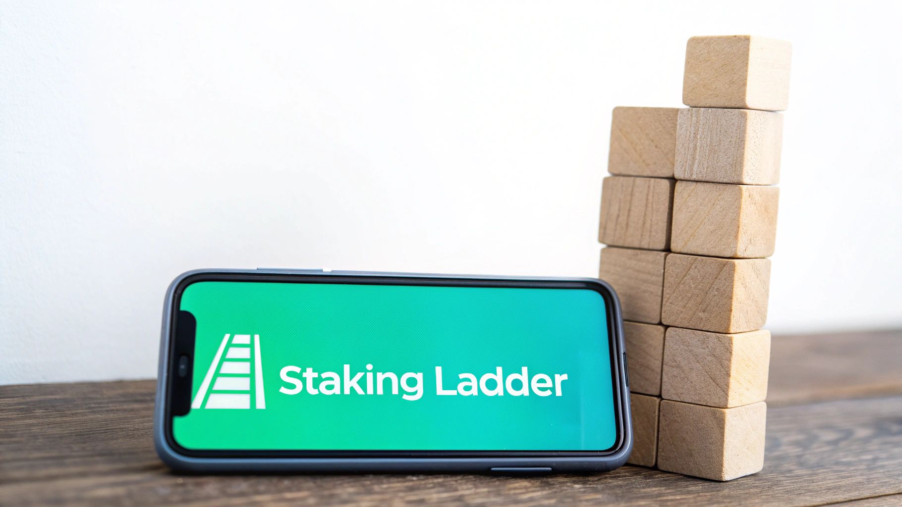 Crypto staking app 'Staking Ladder' on a smartphone next to a stack of wooden blocks.