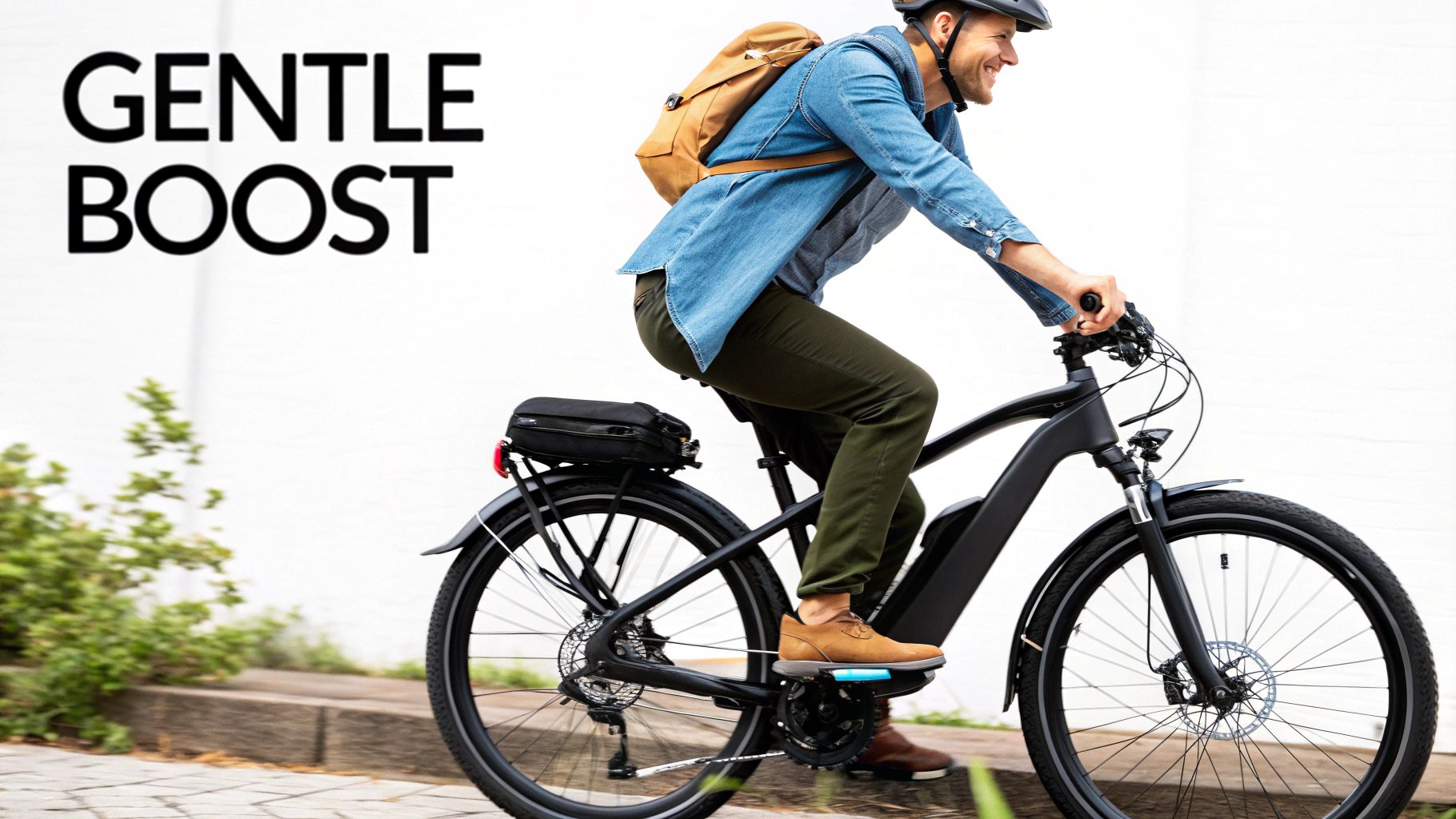 A smiling man in a helmet and backpack rides a black electric commuter bike on a sunny day.