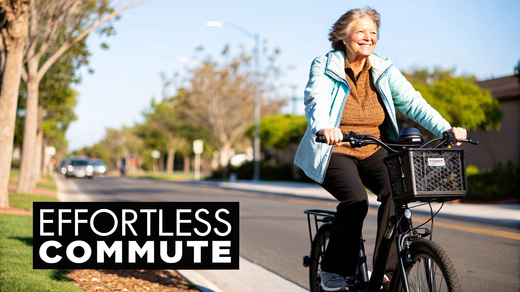 A smiling elderly woman riding an electric commuter bike on a sunny street.