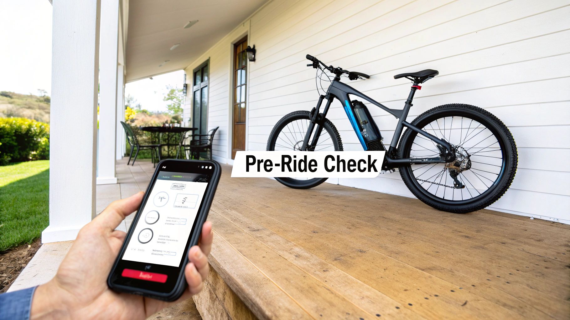 A person uses a smartphone app for a pre-ride check on an e-bike parked on a porch.