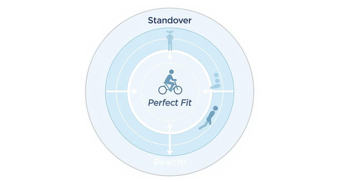 Diagram showing perfect bike fit as a target, considering standover, reach, and rider position.