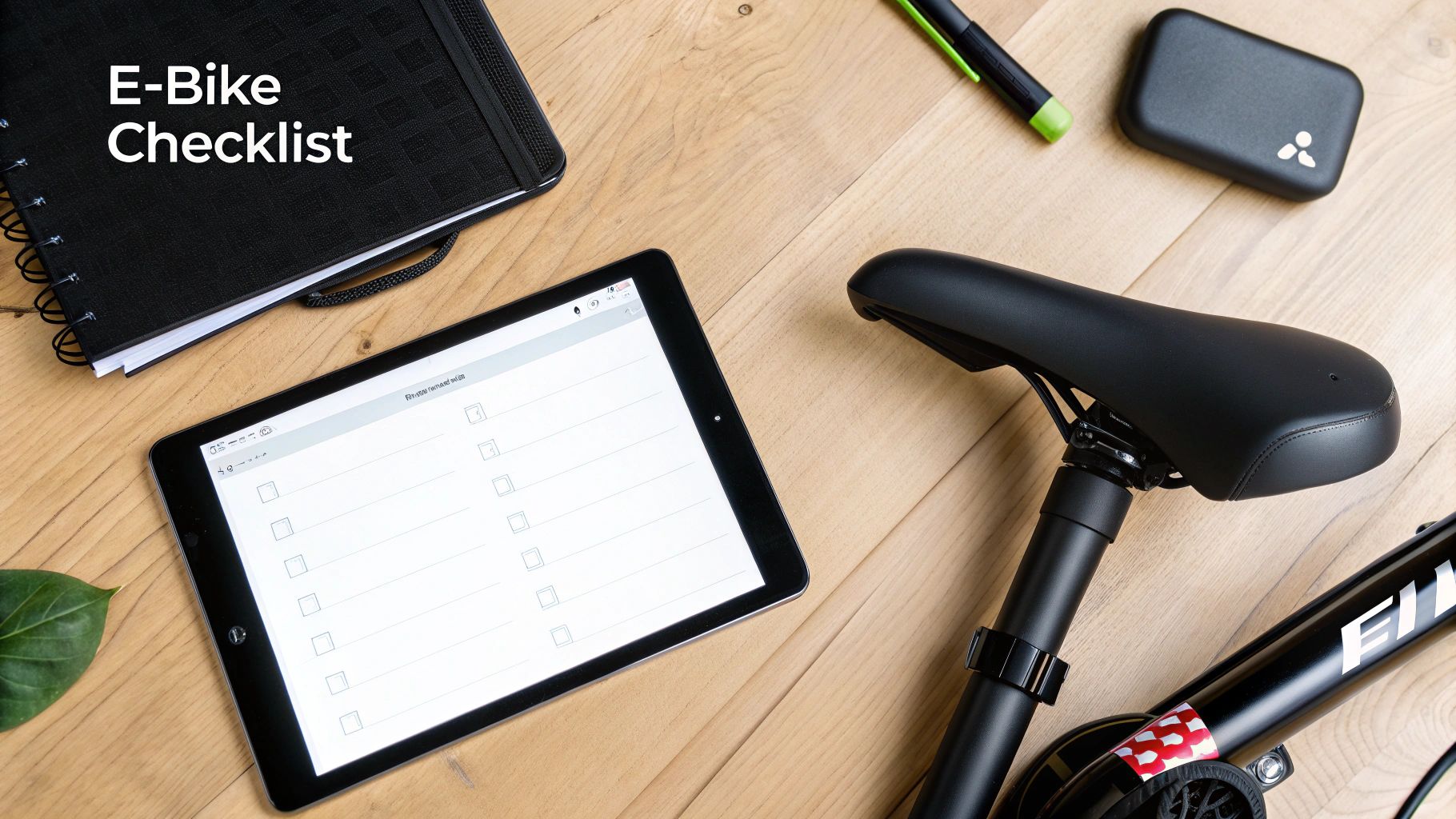 A flat lay image displaying an e-bike checklist on a tablet and notebook, with bike parts and accessories.