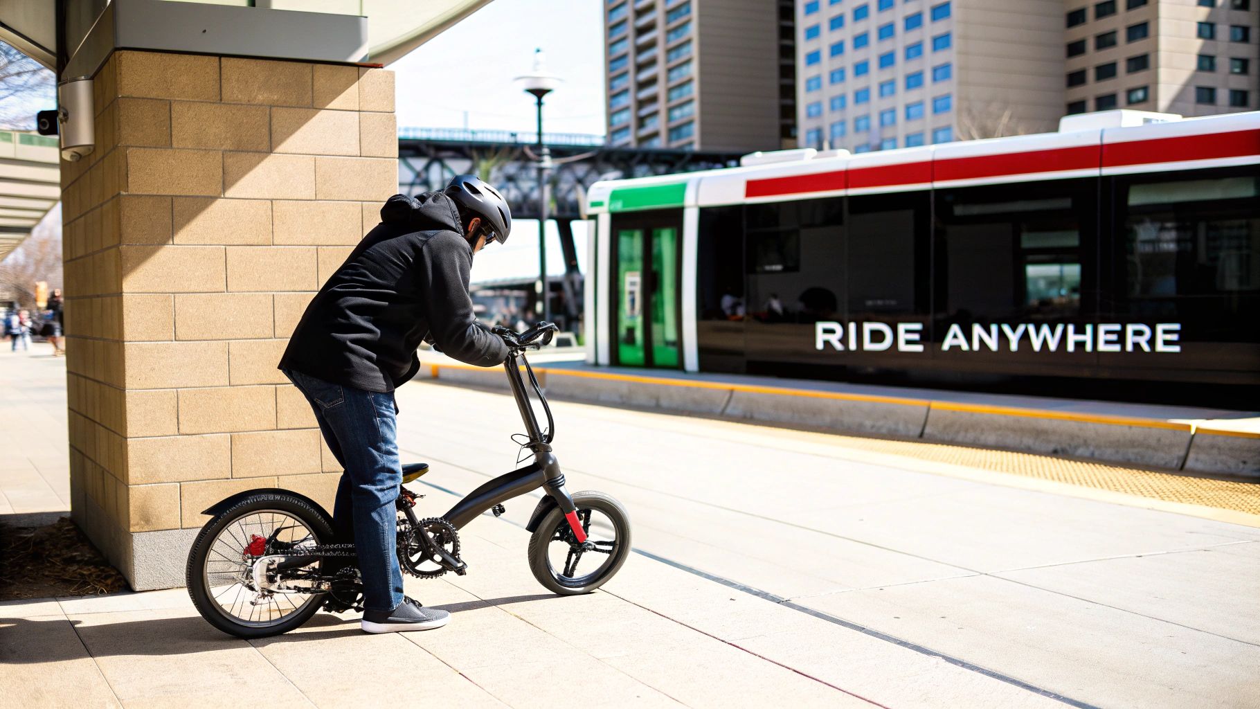 A cyclist with a black folding bike waits at a tram stop, ready to ride anywhere.