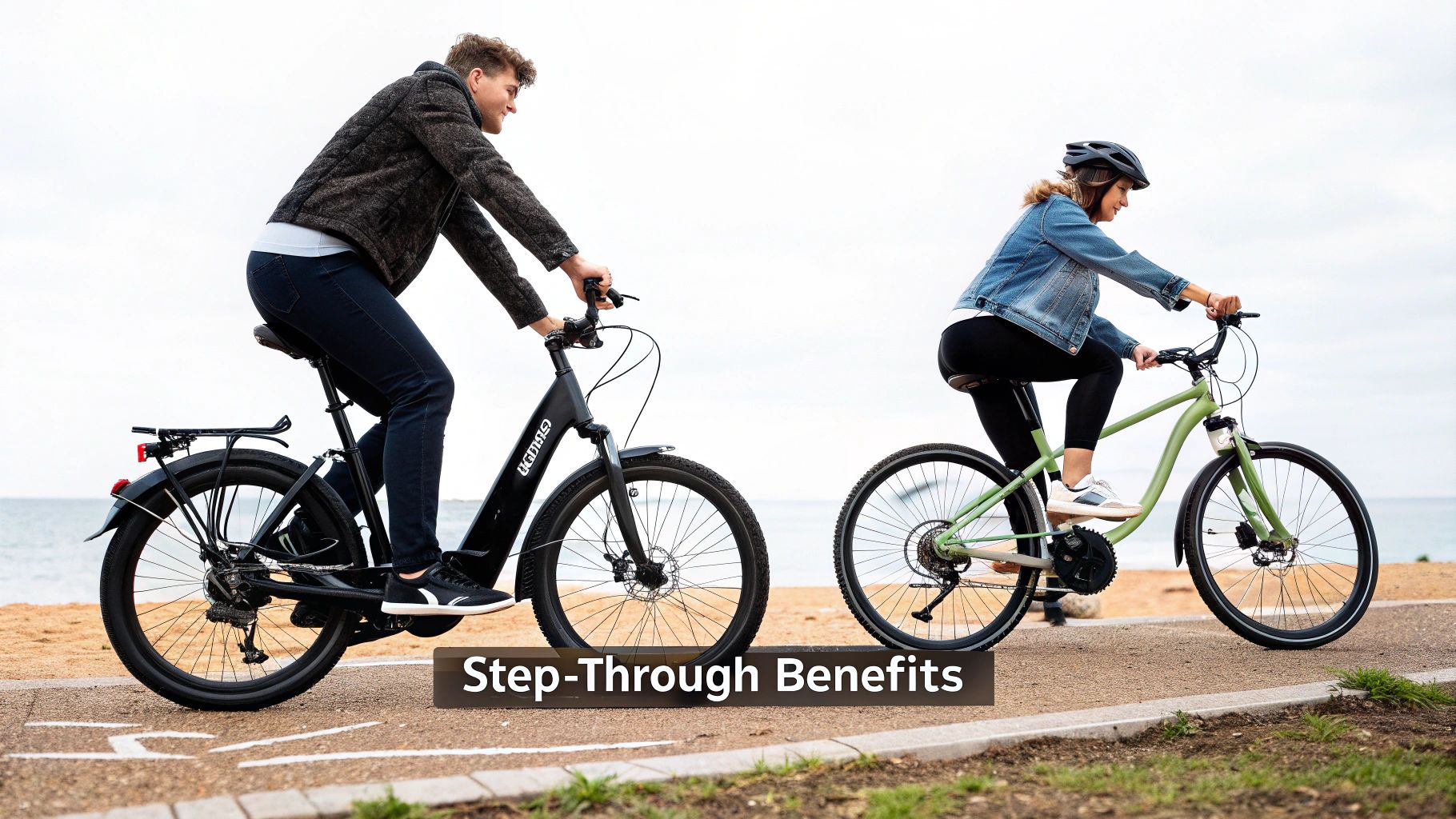 Two riders on step-through frame electric bikes, a man and a woman, enjoying a ride by the ocean.