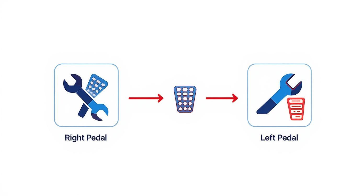 Diagram illustrating bike pedal removal, showing wrenches, a trash bin, and right to left pedal transition.
