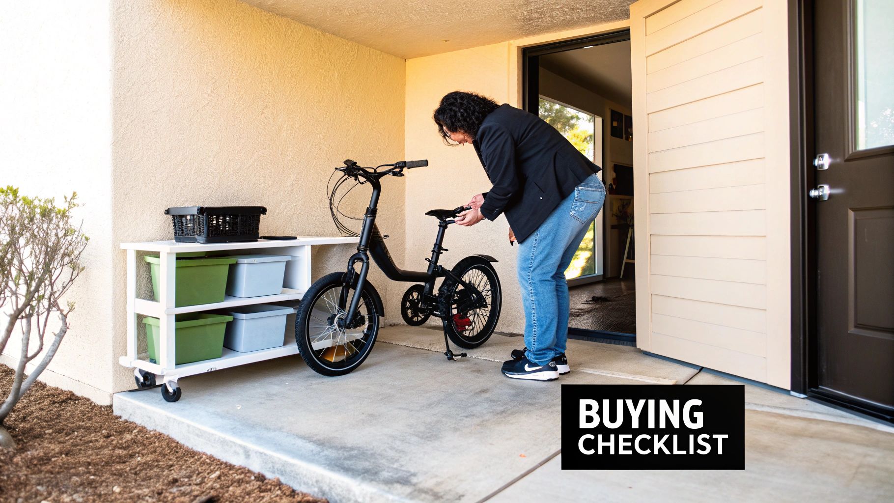 A person adjusts the seat of a black electric bike outdoors next to a storage shelf.