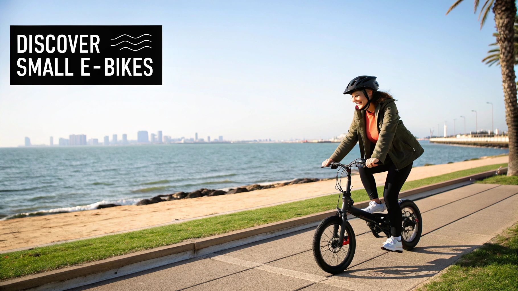A smiling woman rides a small black e-bike along a sunny waterfront path with a city skyline in the background.