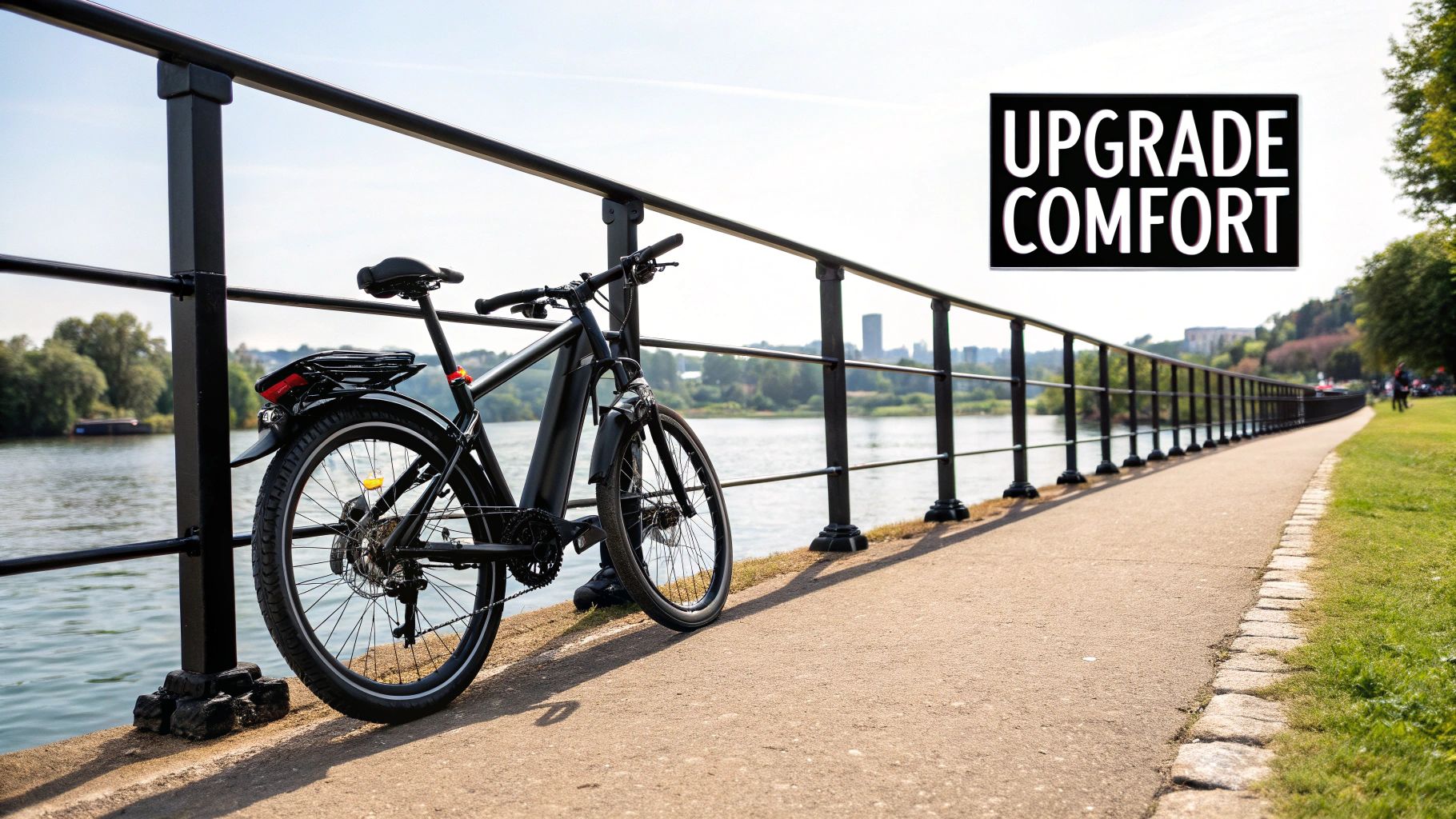 A black electric bike parked beside a scenic river path on a bright, sunny day, with 'UPGRADE COMFORT' text.