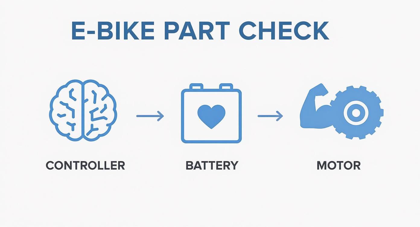 A diagram illustrating the E-BIKE PART CHECK, showing the connection from Controller to Battery to Motor.