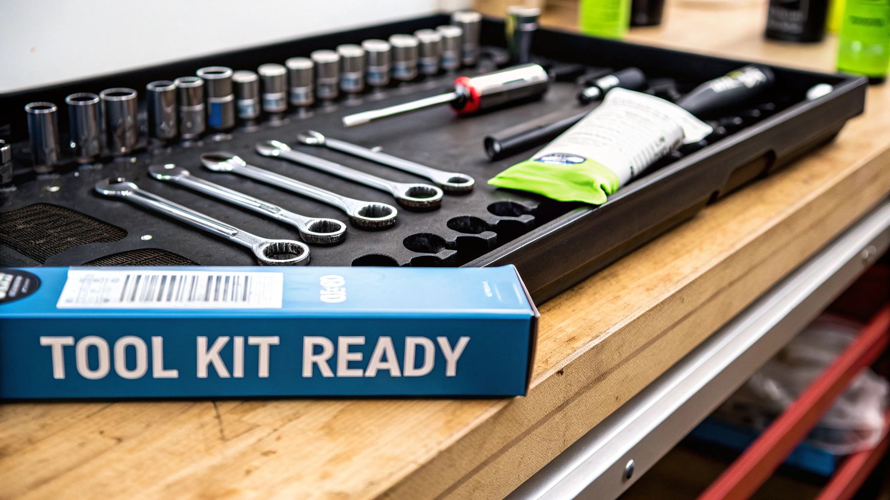 A blue box reading "TOOL KIT READY" in front of a tray of organized mechanic's tools.