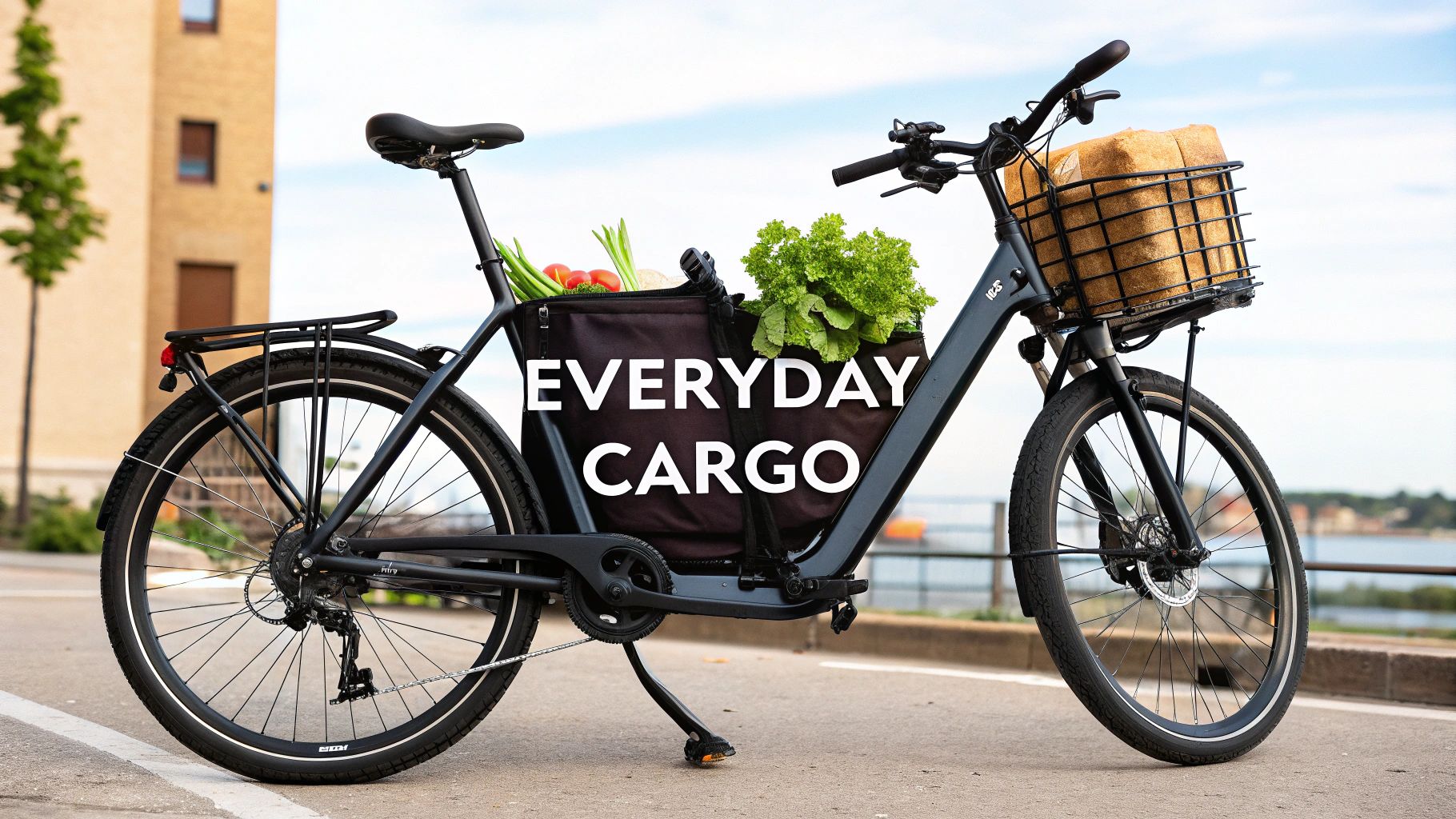 An electric cargo bicycle with groceries in front and middle baskets, parked outdoors on a sunny day.