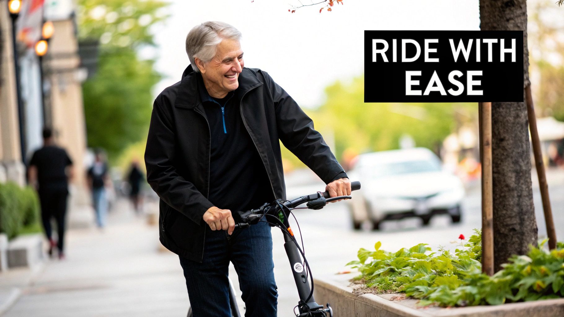 A smiling older man on a step-through bike on a city sidewalk, with a sign saying 'RIDE WITH EASE'.