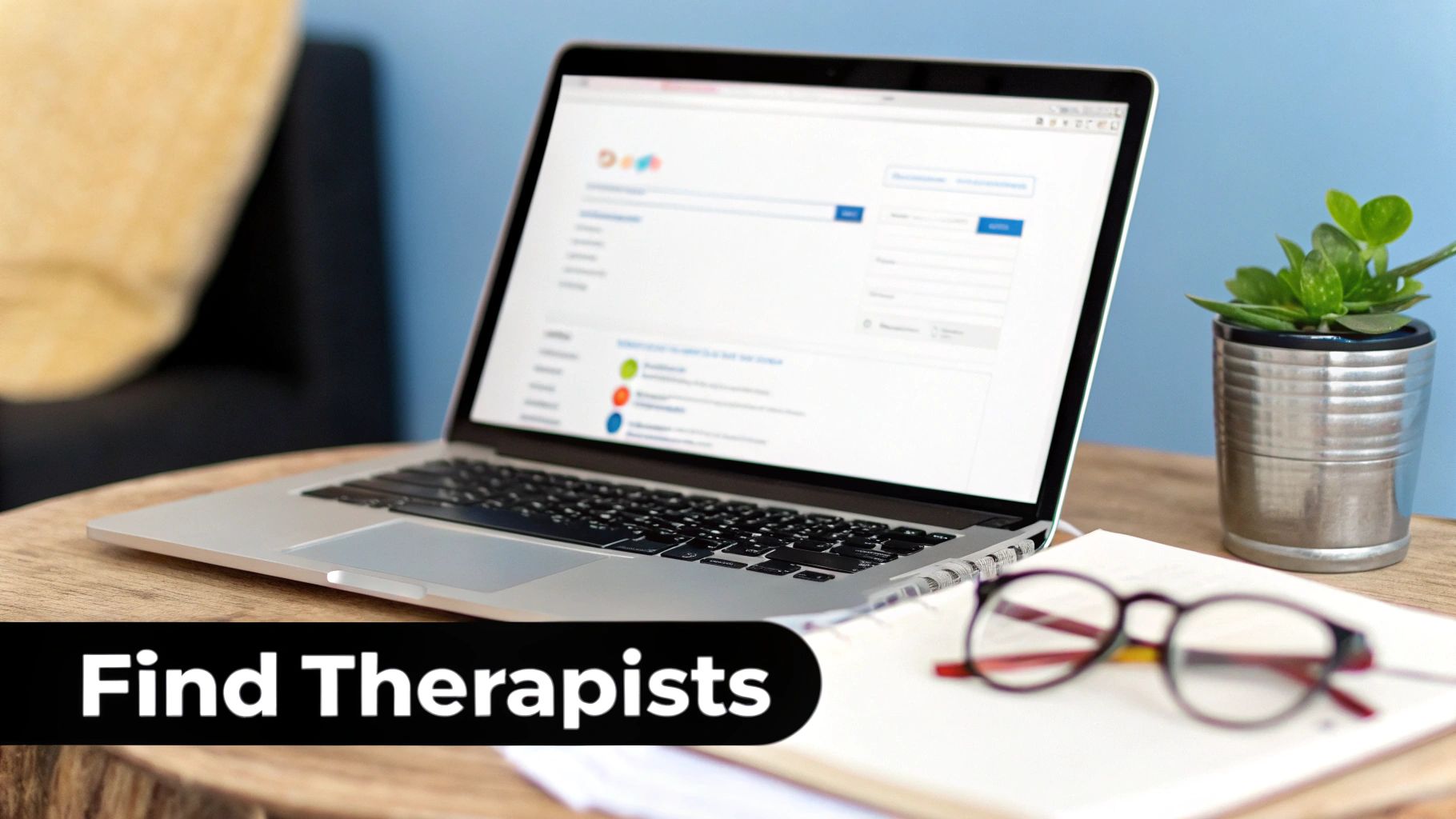 Laptop on a wooden desk displaying a website for finding therapists, with glasses and a plant.