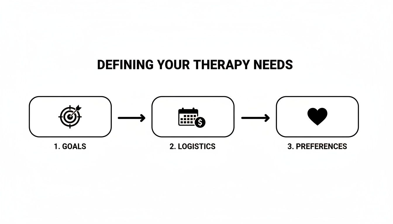 Flowchart showing three steps to define therapy needs: goals, logistics, and preferences.