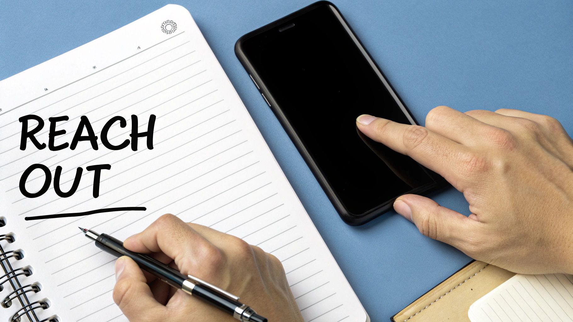 A person's hands: one writing 'REACH OUT' in a notebook, the other touching a smartphone.