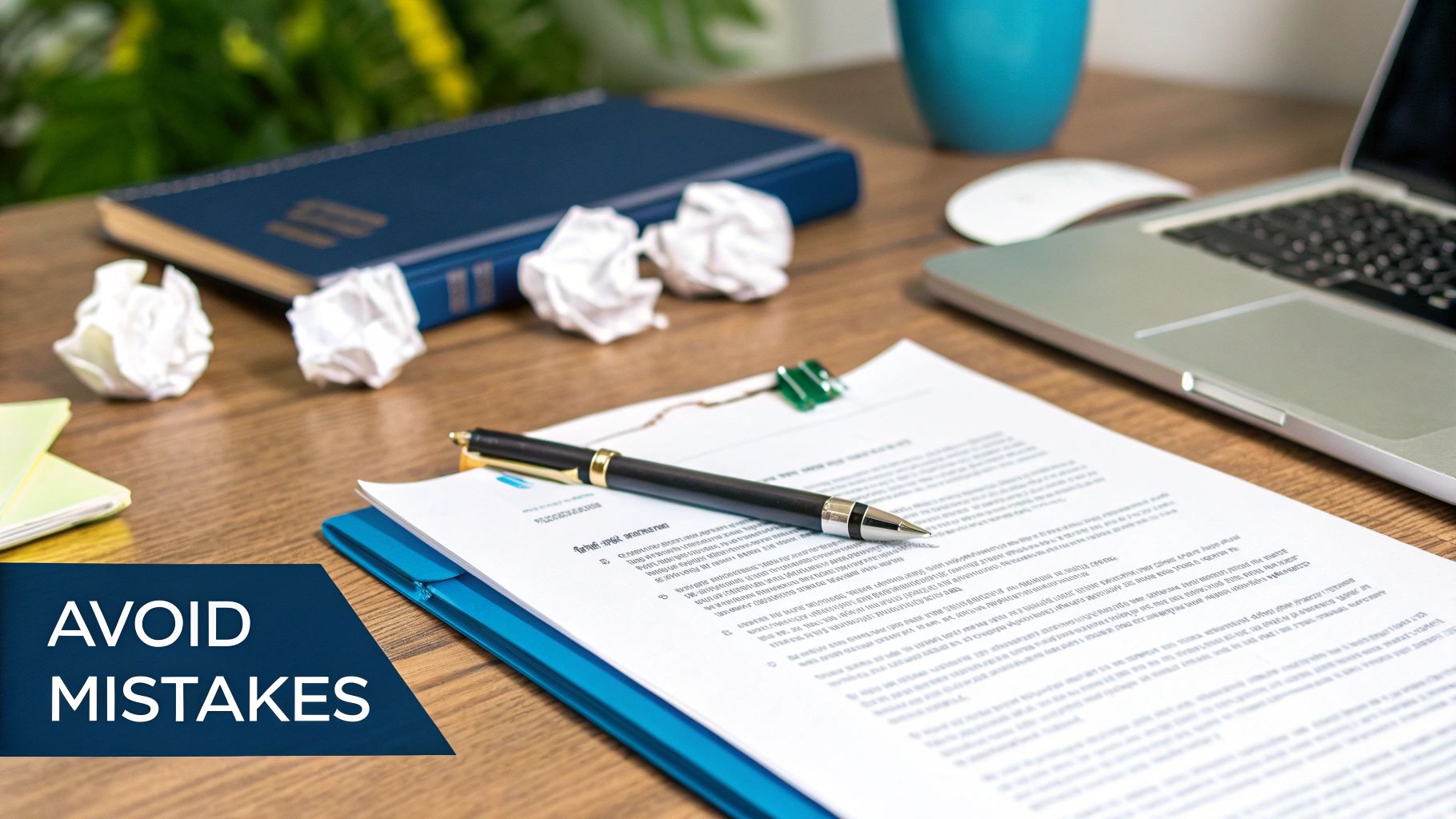 A desk with a document, pen, crumpled papers, laptop, and a book, with 'AVOID MISTAKES' text.