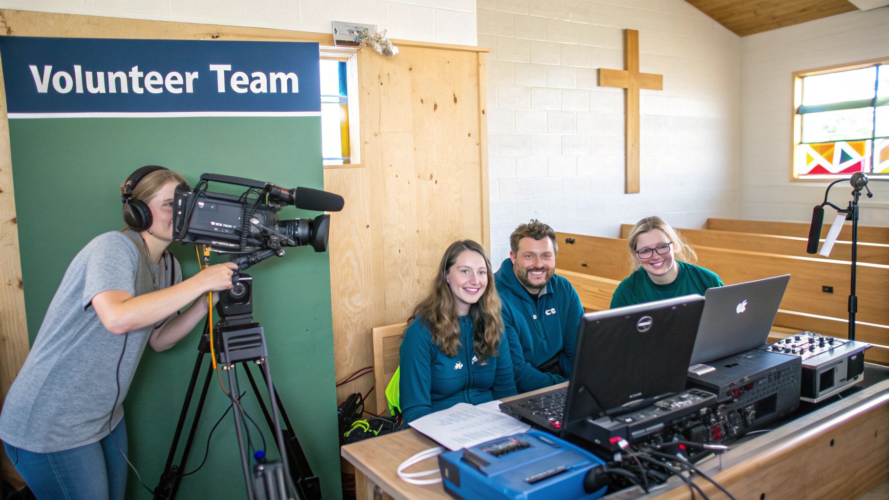 Church volunteers manage a live streaming setup with cameras, laptops, and audio equipment.