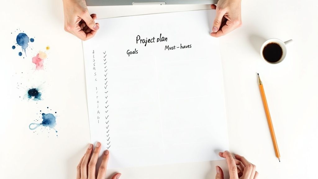 Two pairs of hands holding a project plan document on a white desk with coffee and watercolors.
