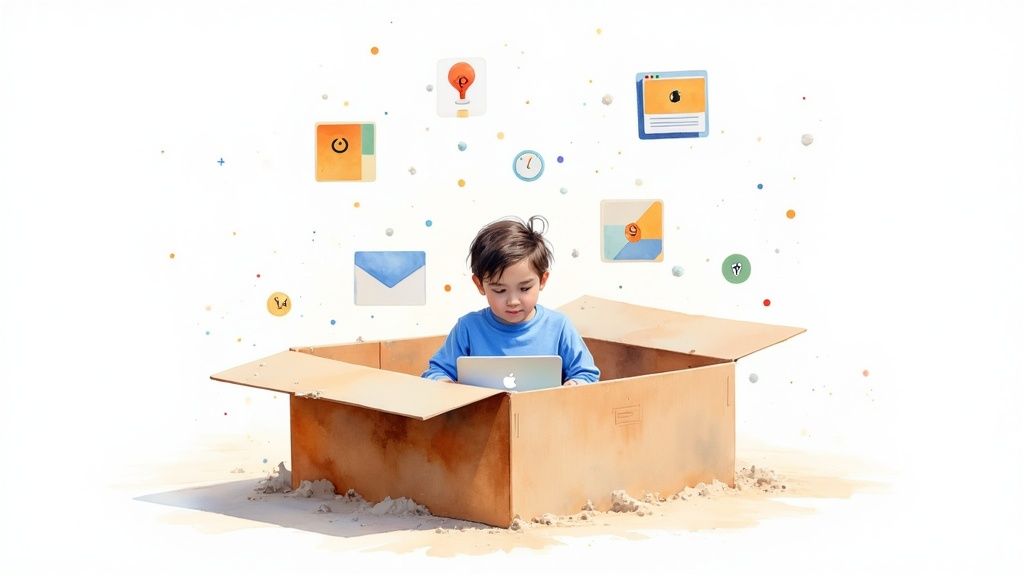 A young boy sits in a cardboard box, working on a laptop, surrounded by creative digital icons.